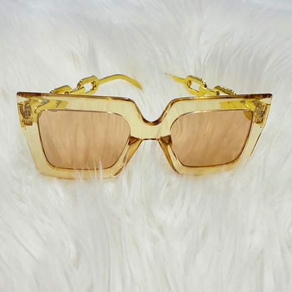 Oversized Square Sunglasses Champagne Yellow Gold Chain Link Temples Womens - Picture 4 of 4